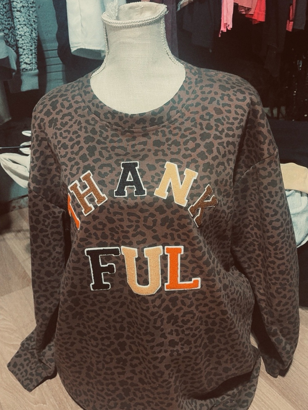 Leopard-Print Crewneck Sweater with THANKFUL Appliqué - Brown